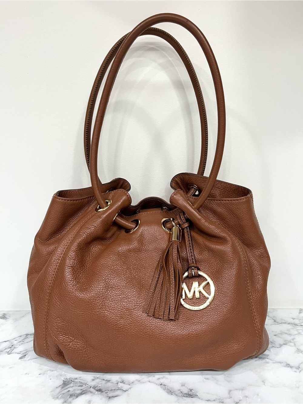 Michael Kors Astor Large Ring Tote Bag Brown Pebbled Leather
